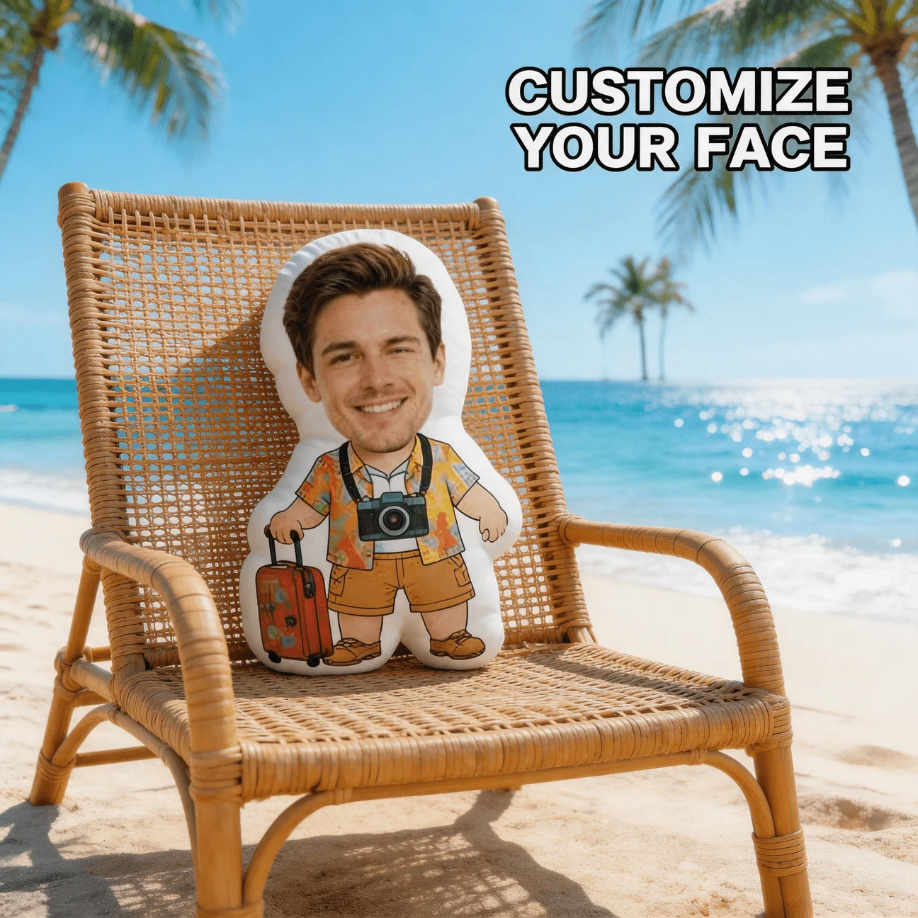 Custom Photo Shaped Pillow, Personalized Face Traveler Style Decorative Cushion with Camera And Suitcase, Unique Home Decor Acce