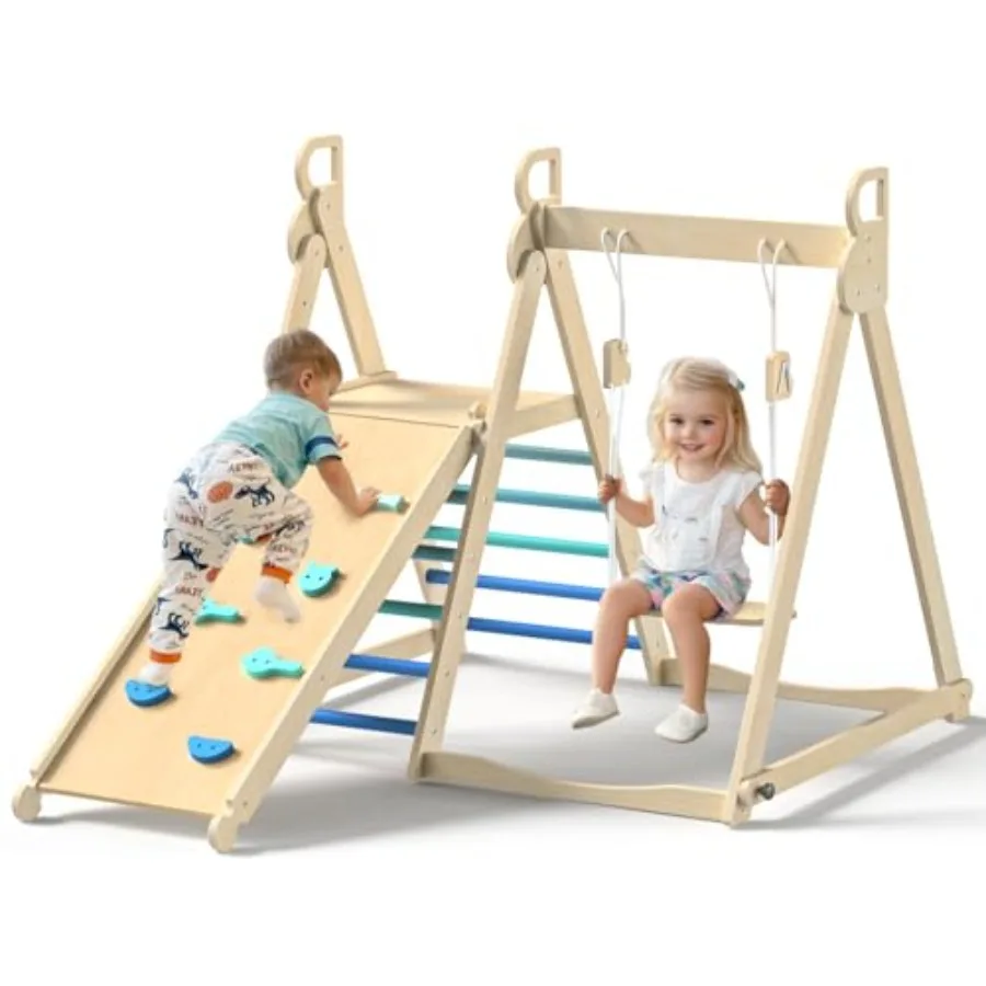

4 in 1 Indoor Jungle Gym for home playrooms: solid wood climbing set in sky blue with swing, slide, ladder and climbing wallfol