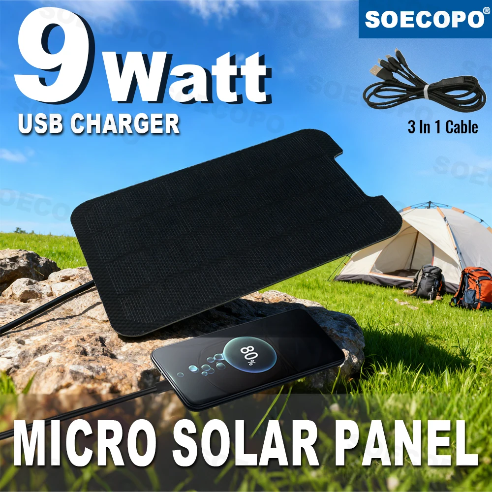 

SOECOPO 9W Portable Flexible Photovoltaic Panel Charger Black Thin Solar Phone Charger for Camping Emergency with Charging
