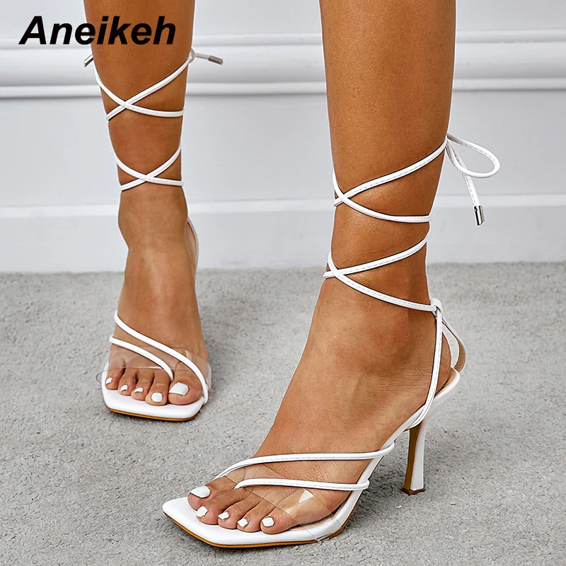 Aneikeh Thin High Heel Fashion Pinch Toe Gladiator Summer Sandals Solid PU Narrow Band Office Lady Dress Shoes Ankle Cross Tied