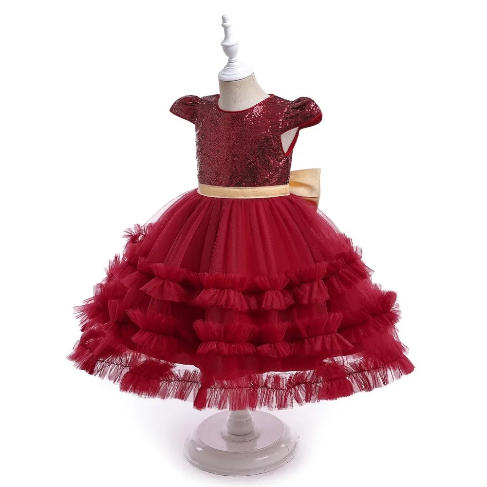 Girls Party Dress 4Y-7Y Kid Christmas Dresses Birthday Wedding Ball Gown Fashion Red Costumes Children