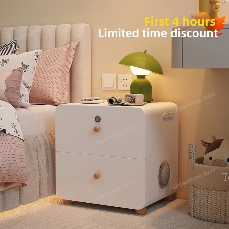 Smart Nightstand for Bedroom Small Narrow Wooden Bedside Table Cream Color Modern Minimalist Home Furniture Luxury Style for