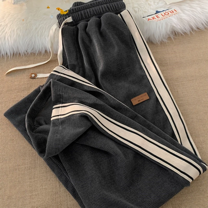 

Men's Corduroy Color Blo Fce Lined Casual Sports Pants Autumn Winter Trendy American Sle All-Match Sweatpants