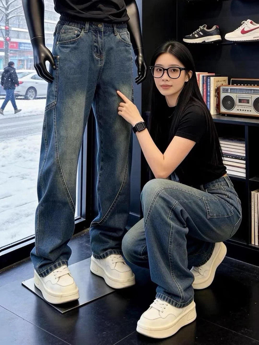 

Deep Blue Casual Men's Knife Jeans Spring American High Street Waed Straight Leg Workwear Trousers