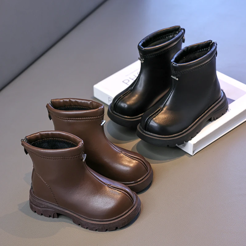 Kids Fleece Lined Boots Black Brown Girls Ankle Cotton Boots Simple Round-toe Outdoor Thermal Children's Platform Plush Boots