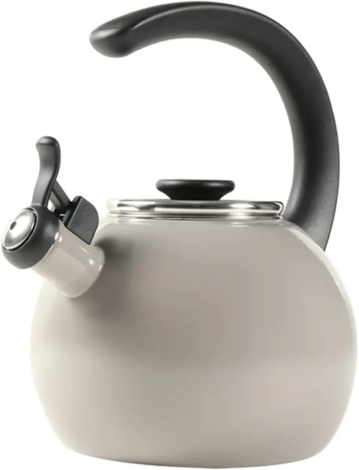 

2 Quart Gray Whistling Teapot with Flip-Up Spout, Enamel on Steel for Easy Pouring