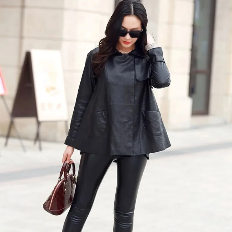 Elegant Echt Leren Jack Dames Schapenvacht Korte Turn-Down Kraag Casual Biker Coat Office Streetwear Losse Bovenkleding M-2XL