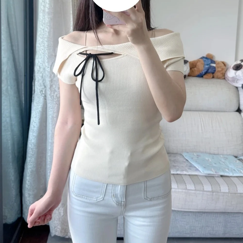 

Kuzuwata New Vent Slash Neck Knit Sweaters Off Shoulder Slim Lace Up Sweet Age Reduction French Tops Japan Exquisite Sweet Mujer