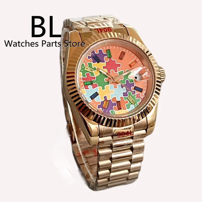 BLIGER 36mm/39mm Men\'s Watch Japan NH35 Automatic Watch Sapphire Glass Orange Puzzle Dial Luminous Rose Gold Fluted Case Jubilee