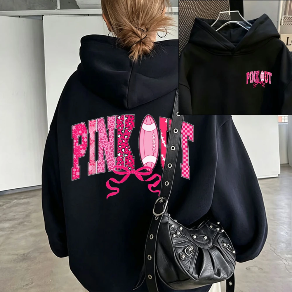 Pink Out Football Bow Hoodie Breast Cancer Awareness Pink Pattern Letter Graphic Front Back Print Sport Theme Cancer Pullover