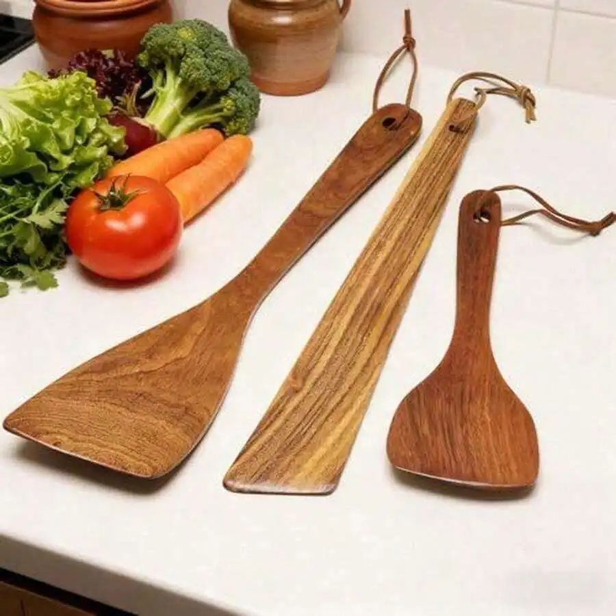 3Pcs Wooden Spatulas, 12 Inch Long Handle Flat Spatula Set Cooking, Multipurpose Wooden Spatulas, Heat-Resistant, Non-Scratch Ki
