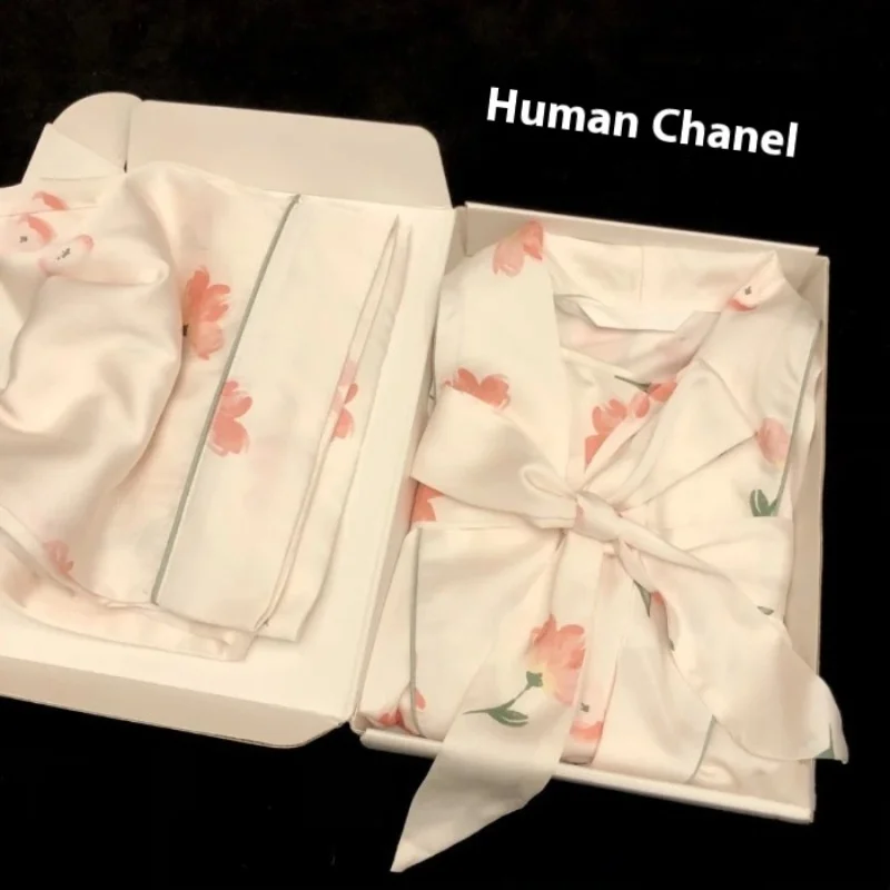 

Весенне-осенний пижамный комплект премиум-класса из ледяного шелка, комплект домашней одежды для девочек, длинные брюки с длинными рукавами, кардиган, пижамы, комплект домашней одежды