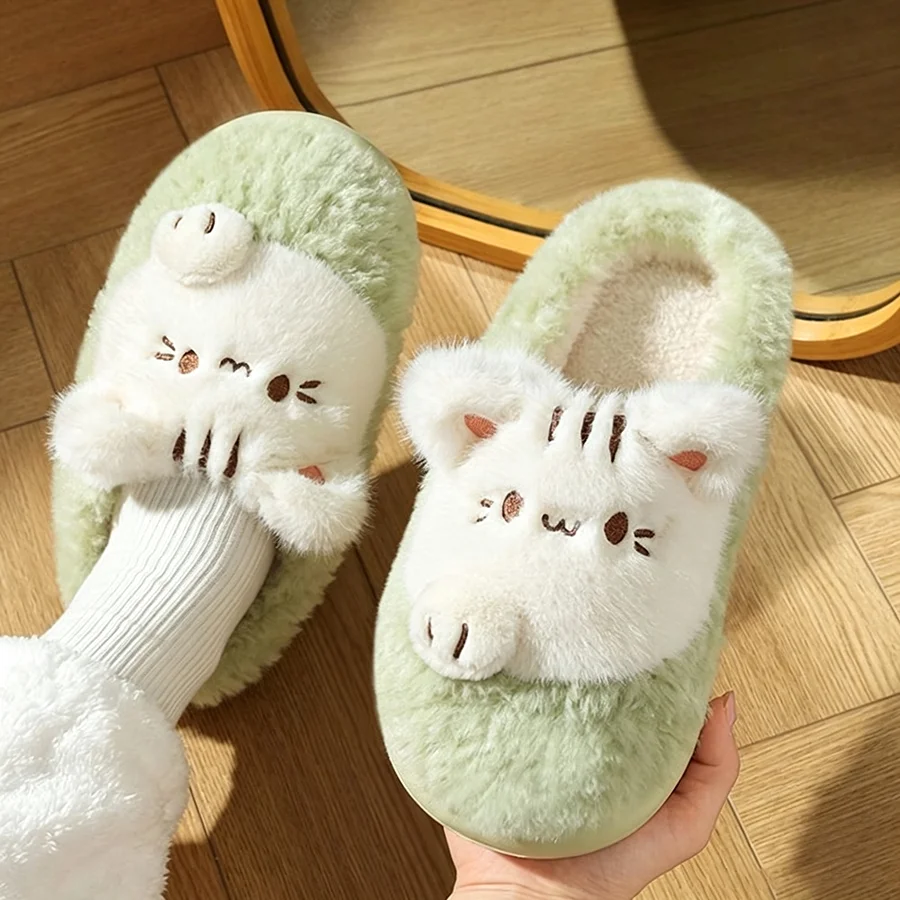 Nuevas Pantuflas de Mujer con Diseño de Gatito, Mules de Felpa Rizada en Dos Tonos, Zapatos de Invierno para el Hogar, Sandalias de Interior Peludas para Mujer, Chanclas para Dormitorio