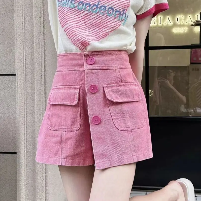 

Pant Skirt Pockets Button Women 2024 Summer New Fashion High Waist Solid Color Spliced Loose Wide Leg Pants Thin Casual culottes