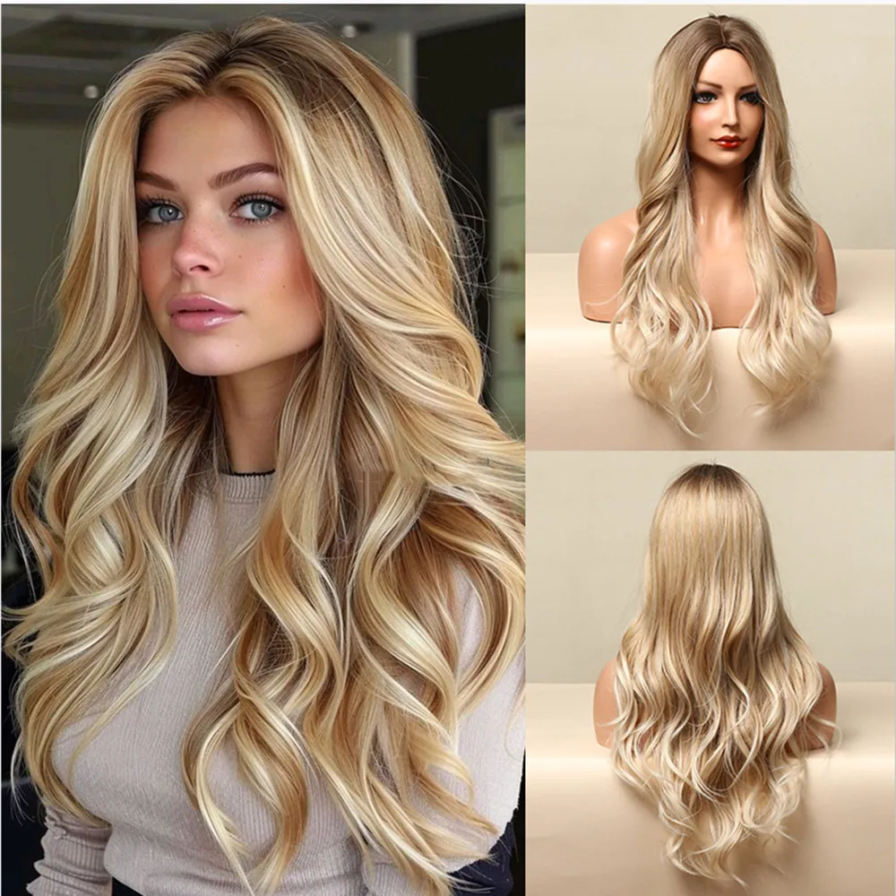 ALAN EATON Blonde Long Wavy Synthetic Wig for Women Natural Middle Part Wig Heat Resistant Soft Daily Hair Party Cosplay Use