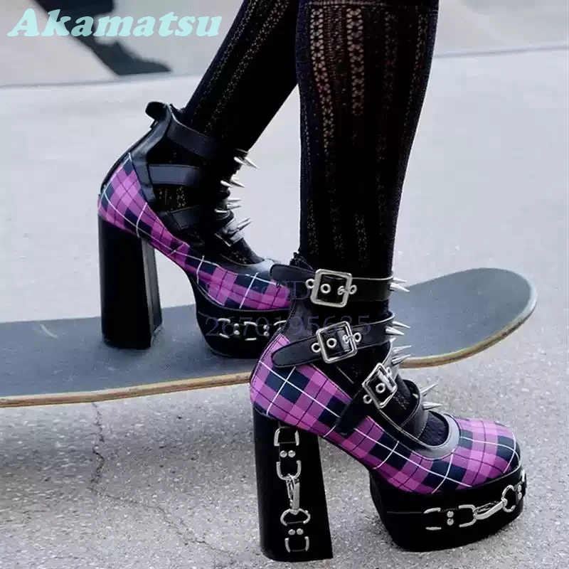 Purple Plaid Buckle Straps Mary Jane Pumps Double Strap Rhinestone Platform Chunky High Heels 2026 Goth Punk Party Women Shoes