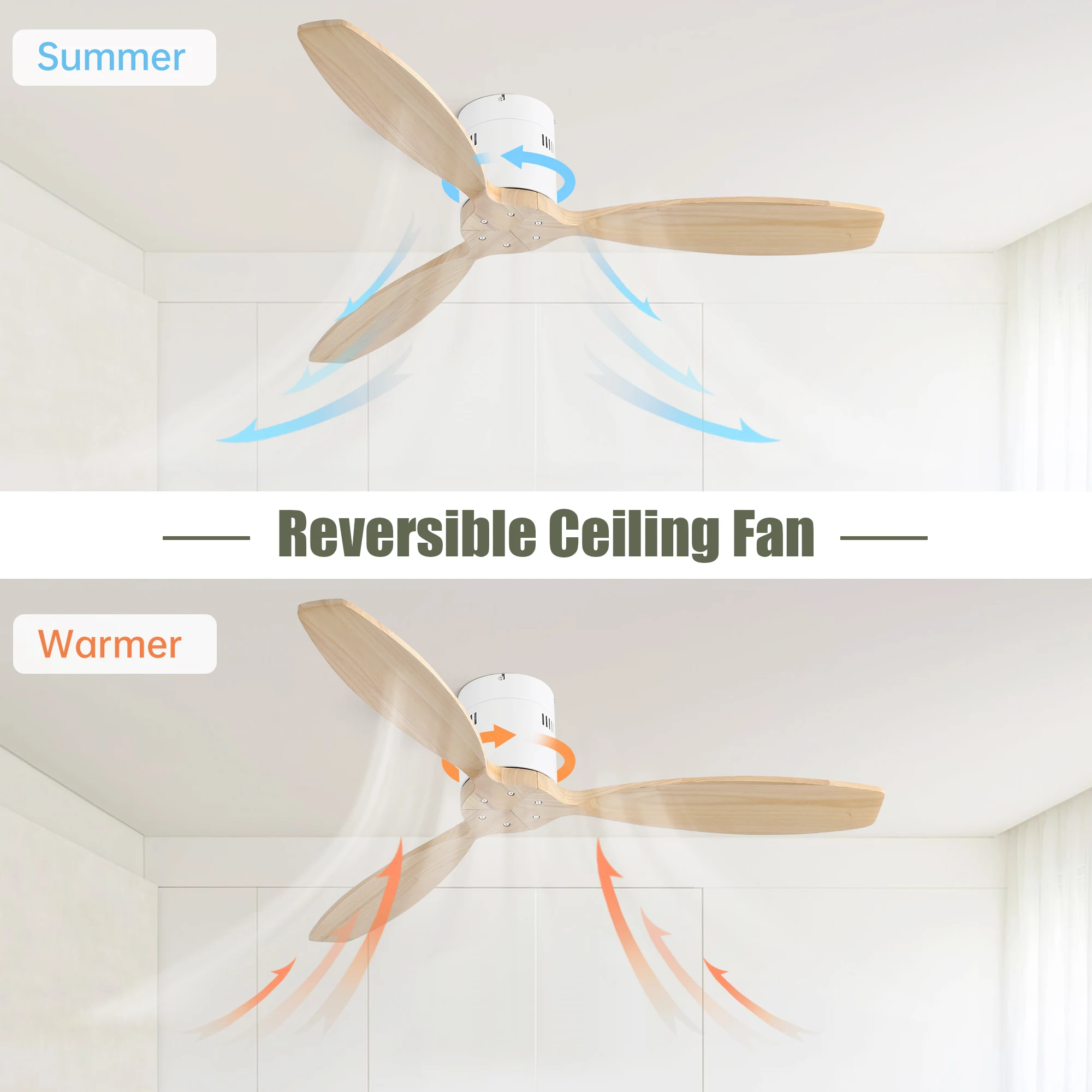 52 Inch Indoor 3 Solid Wood Blade Ceiling Fan Noiseless Reversible DC Motor Remote Control