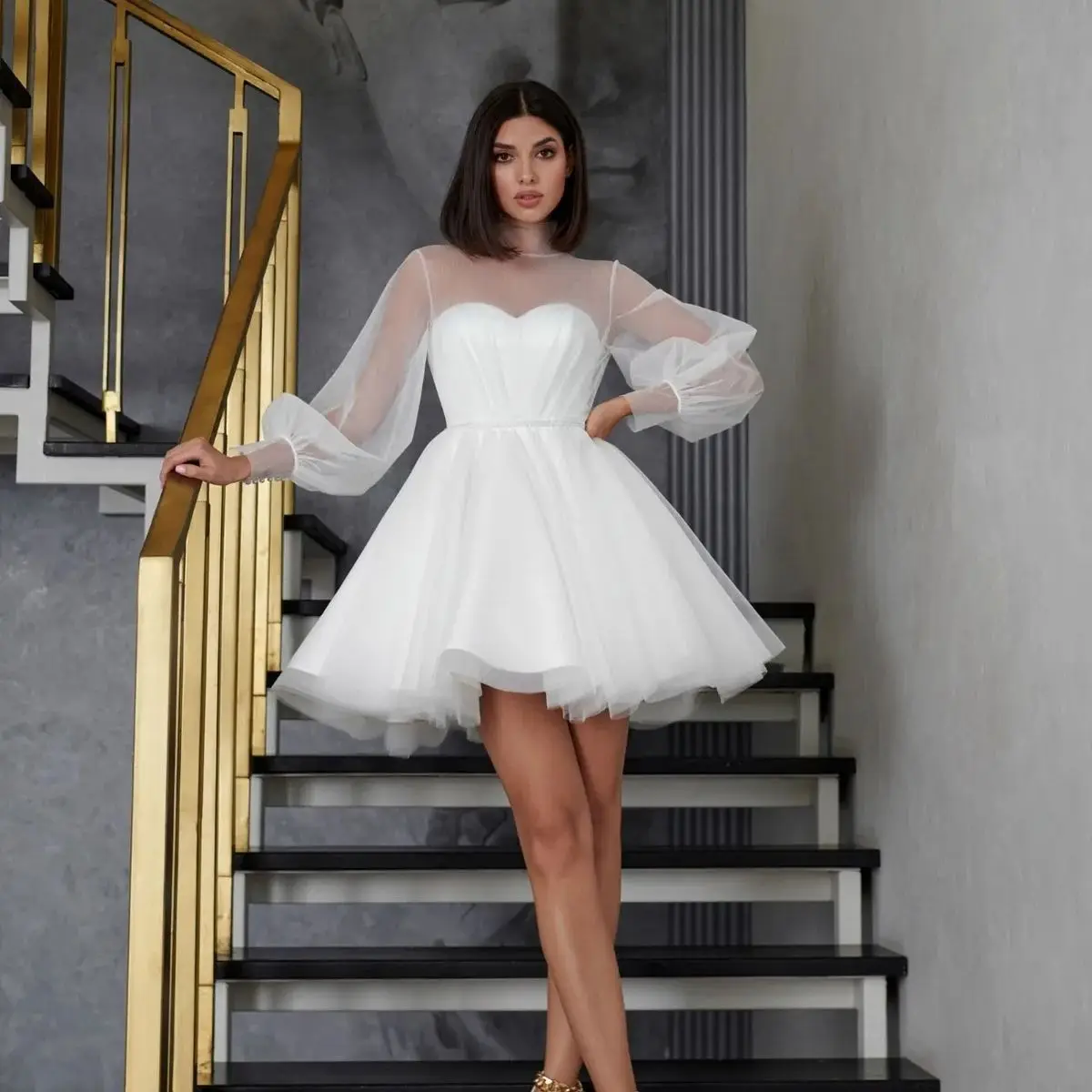 Abiti da sposa a maniche lunghe in Tulle a rete abiti da sposa corti colletto alto Chic abiti da festa su misura De Novia