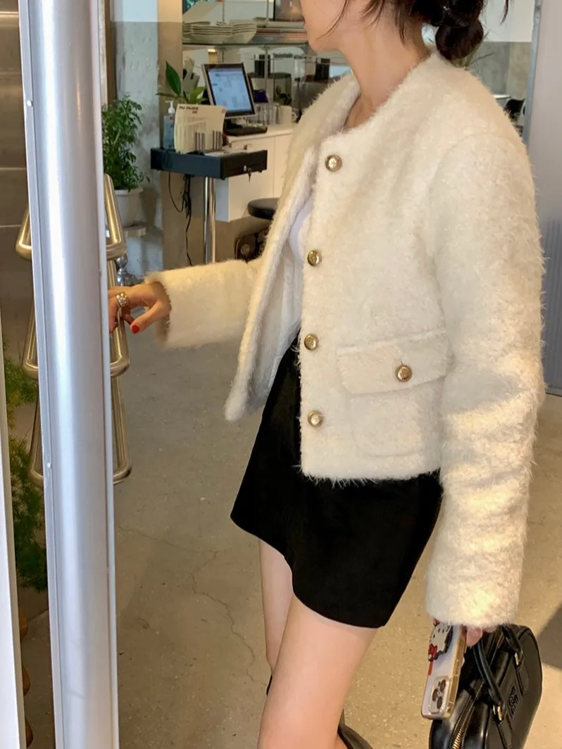 

Chic Metal Button Cotton Woolen ort Coat Loose Fit Warm Spring Autumn Outerwear for Women Pure Color Commute Sle