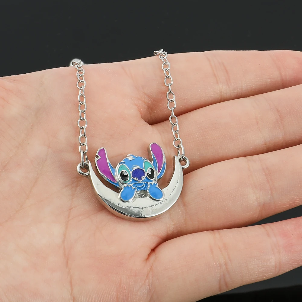 New Disney Stitch Necklace Creative Jewelry Stitch Silver Color Half Moon Pendant Necklace Fashion Accessories for Women Gifts