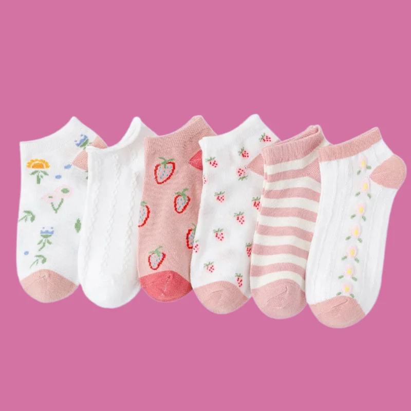 

6/12 Pairs Cute Sweet Children Shallow Mouth Invisible Socks Women's High Quality Women's Pink Strawberry Boat Socks Thin Socks