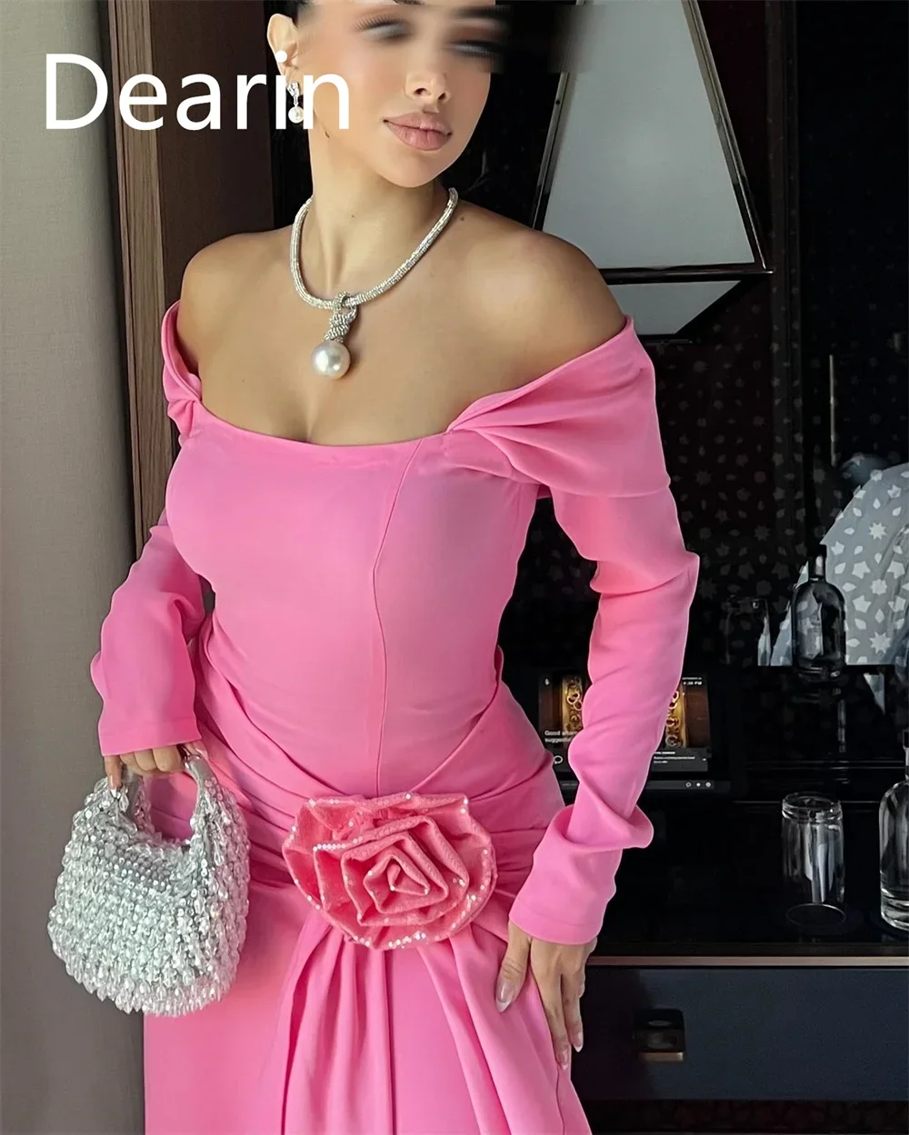 Customized Evening Gown Prom Women Dearin Off-the-shoulder Column Ankle Length Skirts 3D Rose Flower Bespoke Occasion Dresses Fo