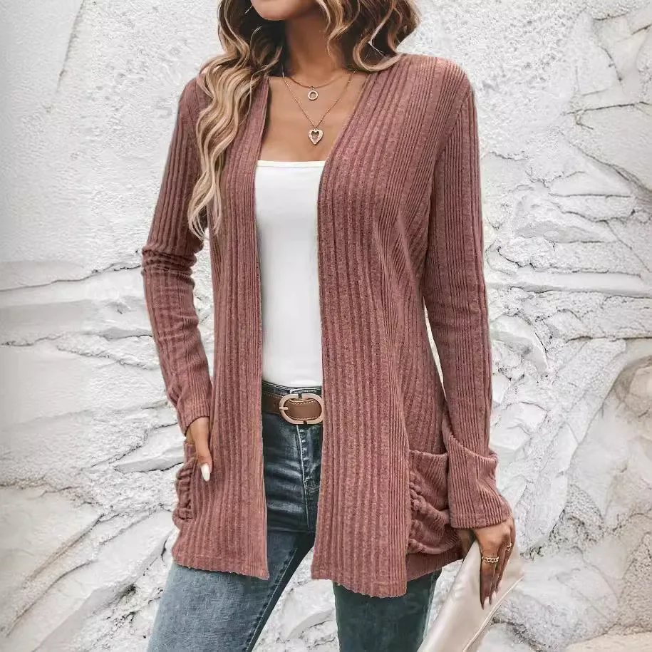 2024 Spring Autumn Women\'s Cardigan Solid Color Pit Stripe Brushed Casual Patchwork Long Sleeved Cardigan Jacket Female Coats