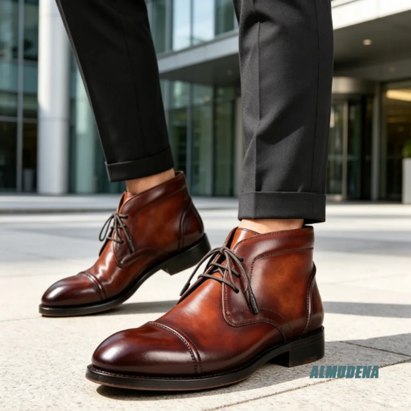 

Dark Brown Gradient Polished Leather Chukka Boots Men Fashion Lace Up Spring Autumn New Comfortable High Cut Formal Ankle Boots