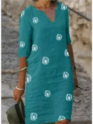 Women Elegant Floral Print Dress 2024 Summer Fashion New V-neck Half Sleeve Knee-length Casual Office Beach Dresses Vestidos