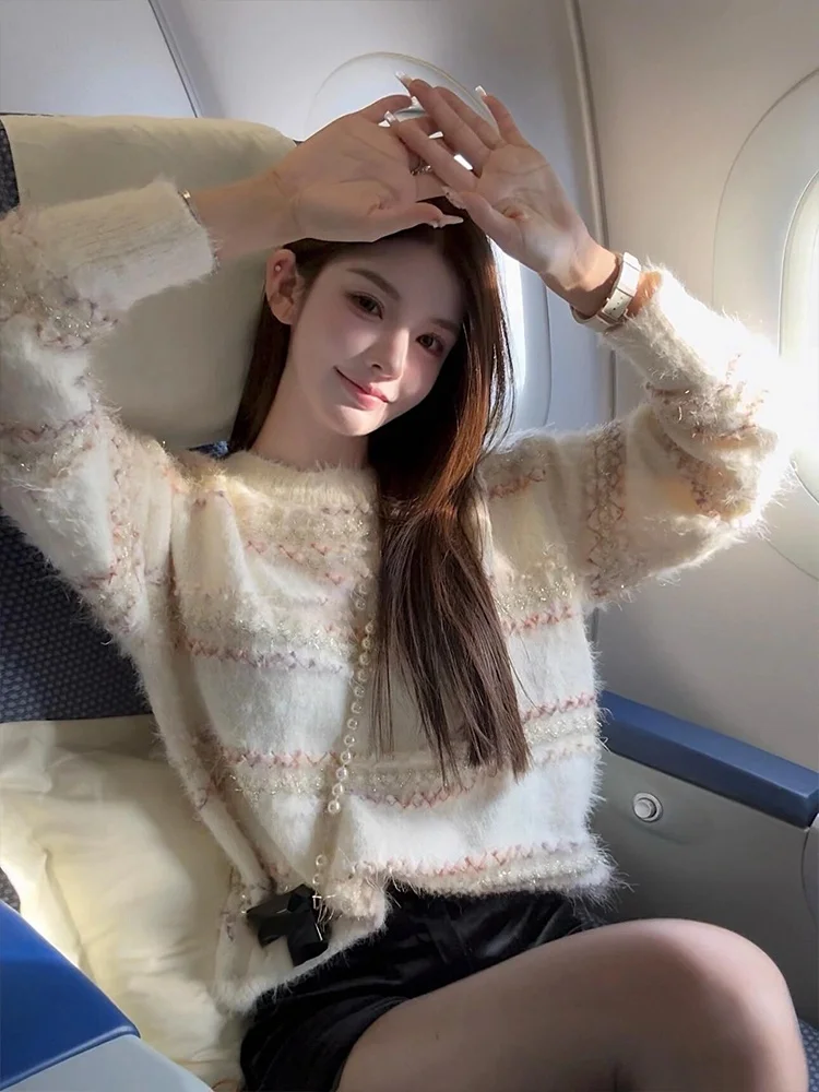 한국 스타일 독특한 라운드 넥 부드럽고 편안한 여성용 스웨터 가을 겨울 젠틀 에이지 다용도 따뜻한 니트