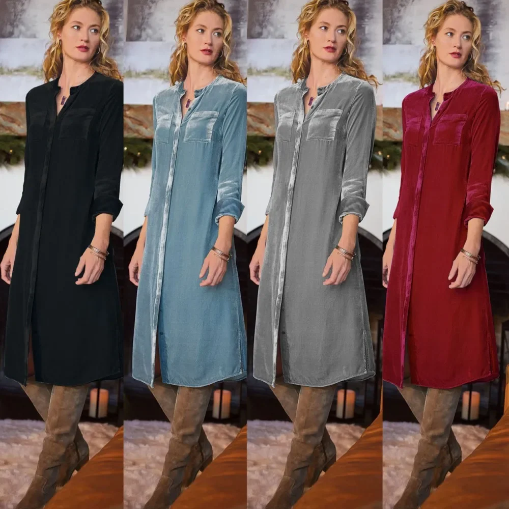 فستان قميص مخملي ذهبي جديد لربيع وصيف بأكمام طويلة للنساء فستان أنيق بحزام فضفاض بلون سادة فساتين نسائية أنيقة