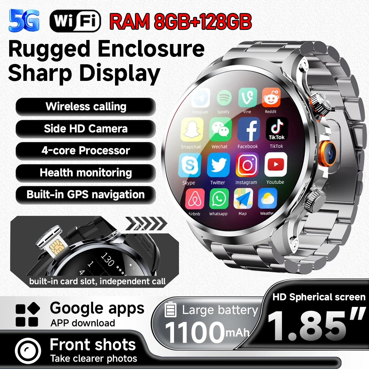 

5G/4G Full Network Smart Watch 1.85 inch 680*680 Big Screen HD Video Call 8GB+128GB RAM Google Play GPS WIFI Sim Card Smartwatch