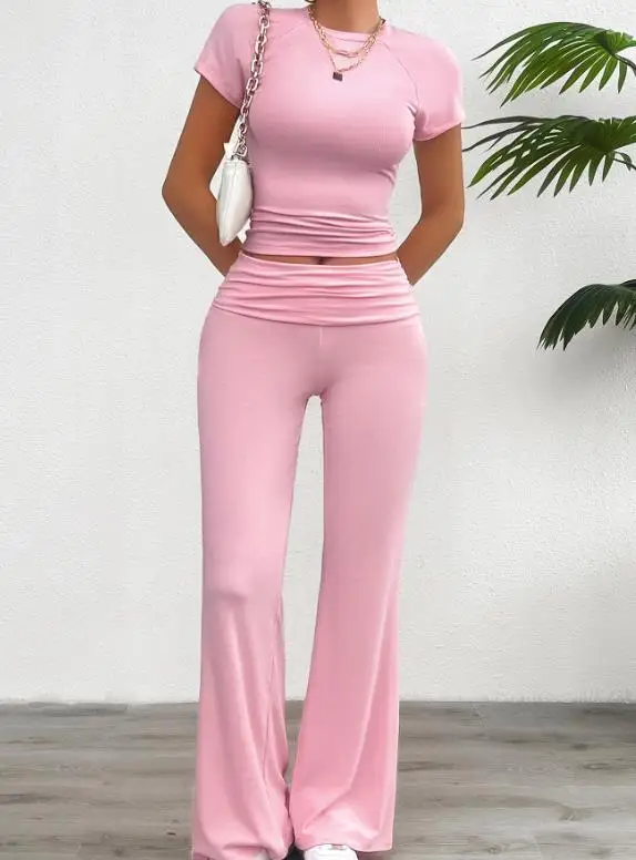 

Yoga style solid color short sleeved wide leg pants set for women