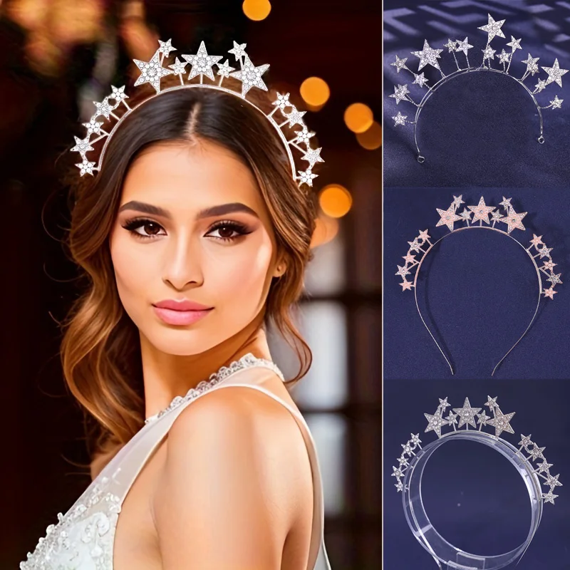 Fairy Crown Cute Crystal Bridal Hair Tiara Wedding Hair Accessories Rhinestone Hairband Star Hair Hoop Headpieces Head Jewelry