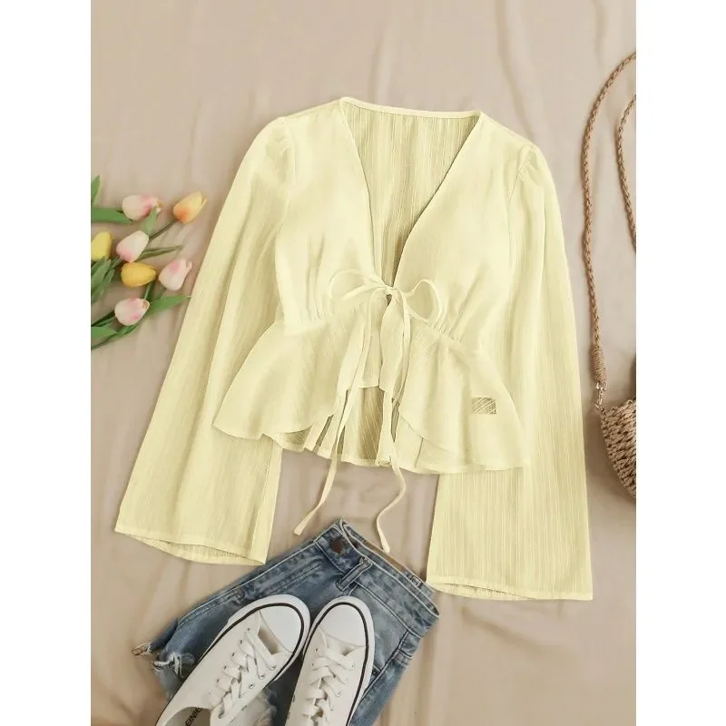 

French Style Women V Neck Flare Sleeve Cardigan Tie Ruffle Hem Thin Sun Protection Blouse