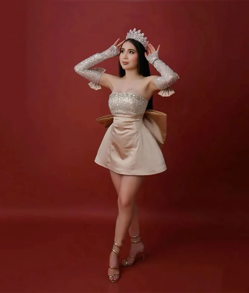 

Customized Exquisite Satin A-Line Detachable Sleeve Sequined Crystal 3D Bow Evening Dress Fashion Sleeveless Celebrity Gowns