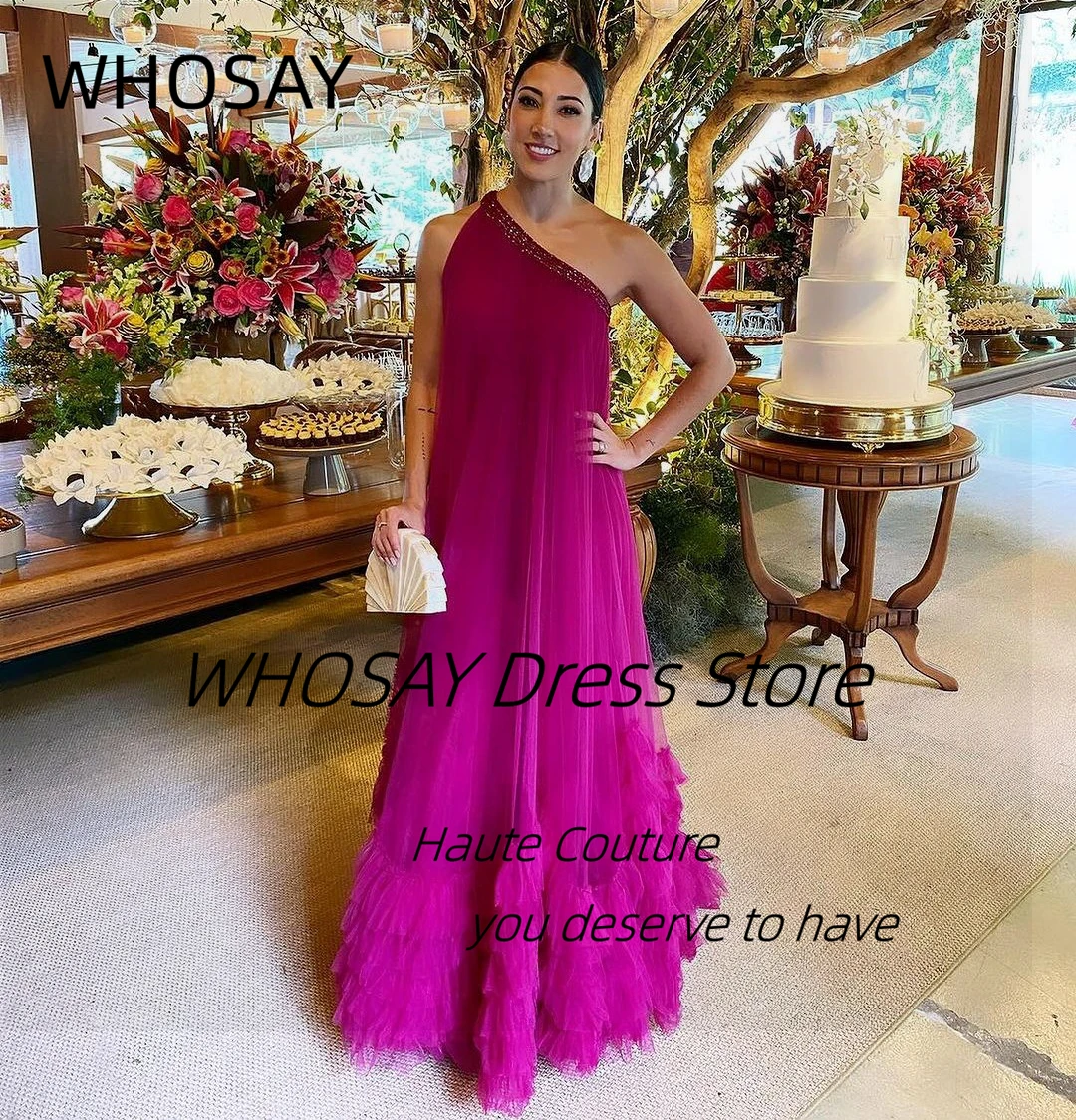 WHOSAY Fushcia Prom Dresses One Shoulder Beaded Sash Evening Dress Ruffles Tulle Floor Length Birthday Party Bridal Gowns