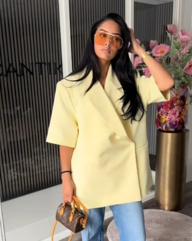 Traje de Blazer Holgado para Mujer, Estilo Casual, Cuello Camisero, Un Botón, Pantalones Cortos de Cintura Alta, Conjunto Formal para Verano/Otoño 2026