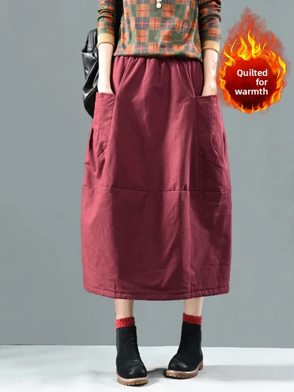 

Retro Artistic Color Patchwork Sli ket Cotton Warm f Skirt plus Size Women's Elastic Waist Slimming Cotton Skirt