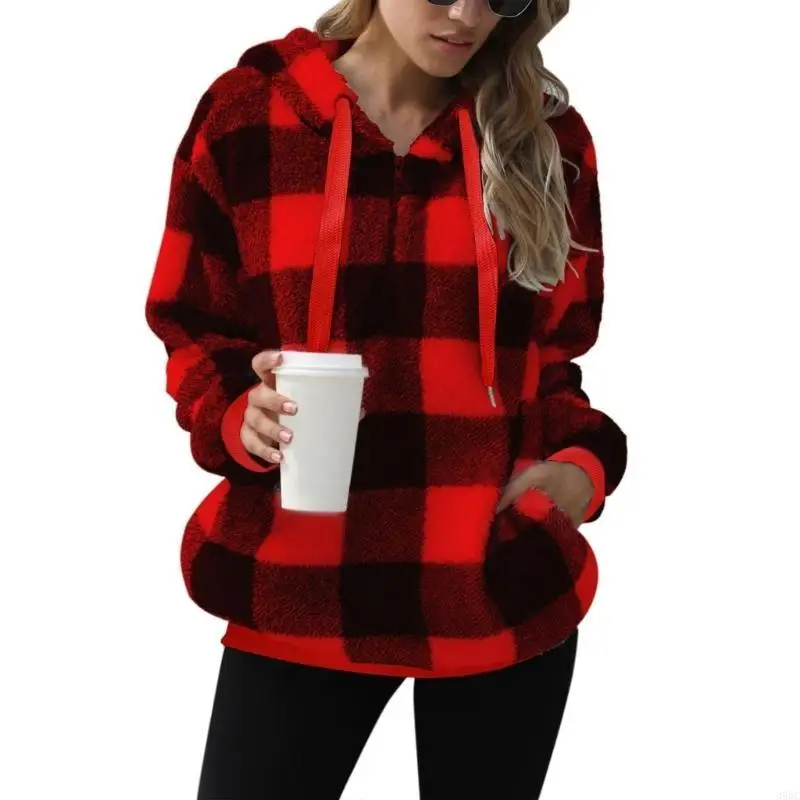 39BC Women's Pullover Oversized Plush Hoodie Double-Layer Fleece Sweatshirt Plaid Warm Coat