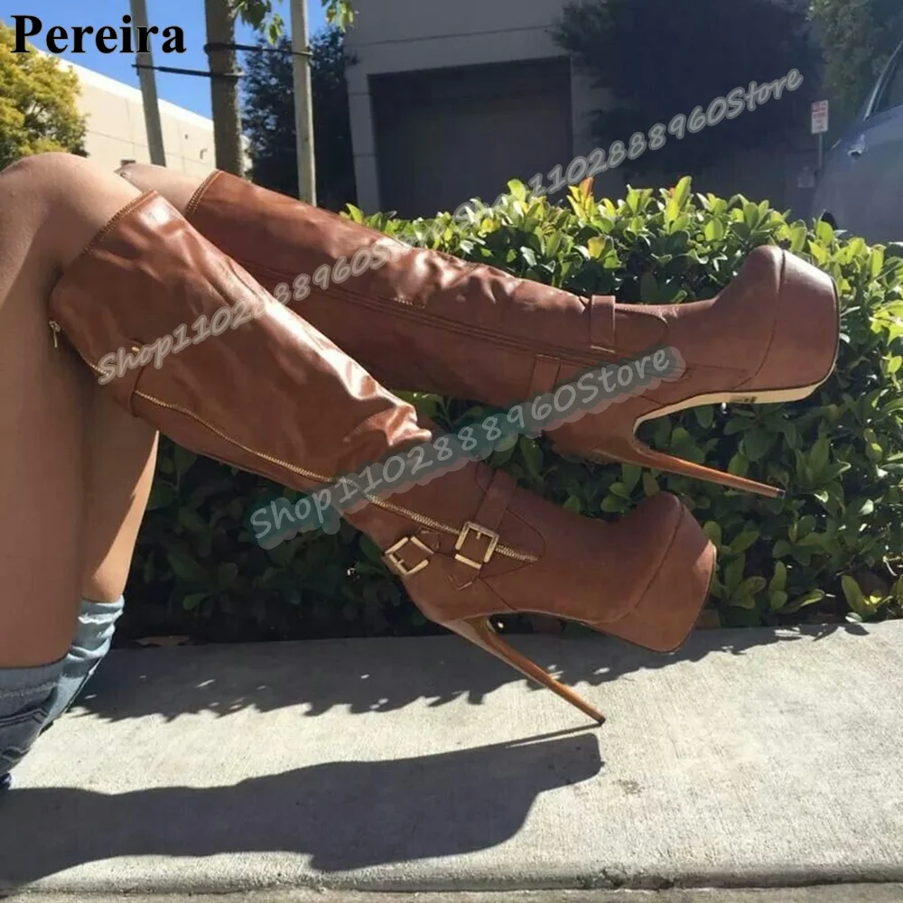 

Knee High Brown Buckle Strap Platform Zipper Boots Thin High Heel Shoes For Women Side Zipper Round Toe 2026 Zapatos Para Mujer