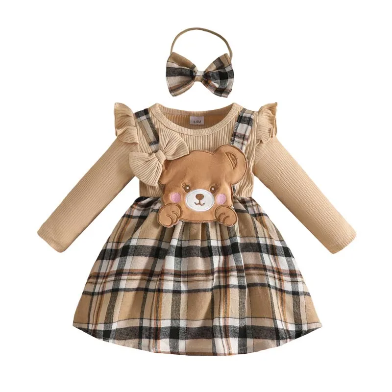 

Autumn Baby Girl Skirts 0-18Months Cartoon Bear Long Sleeve Dress Pit-striped Patchwork Dress with Hairband Newborn Baby Clothes