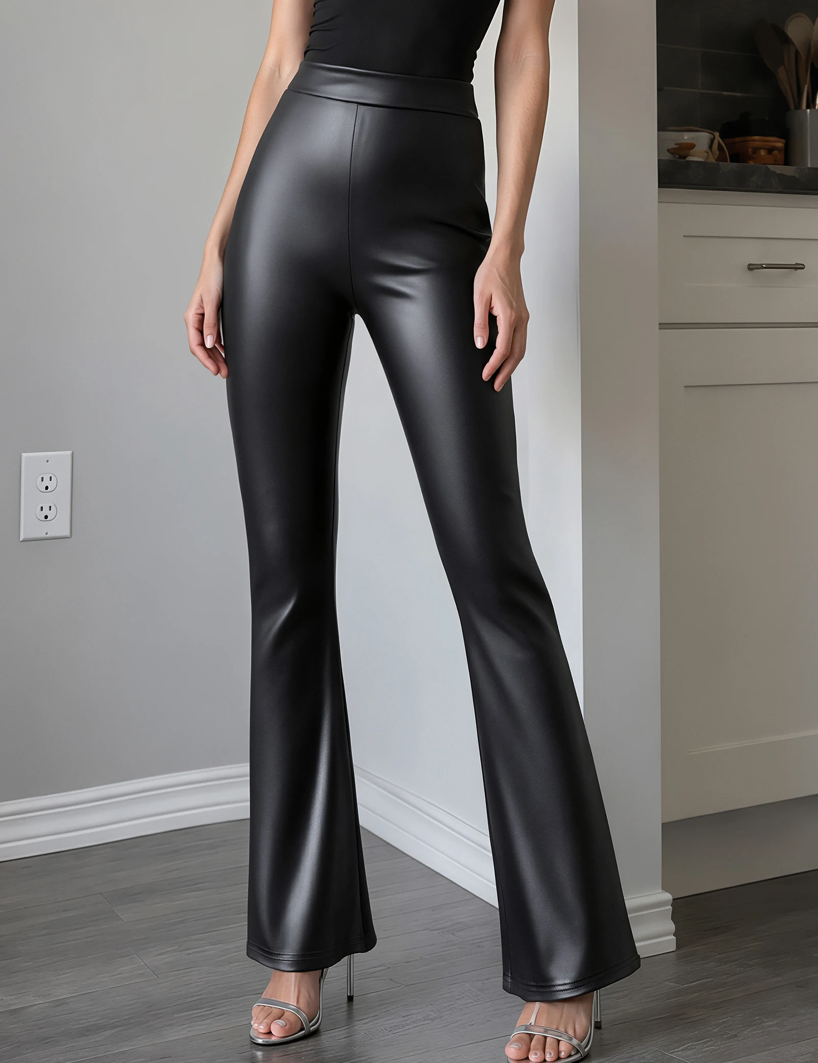 Women Stretch Matte Faux Leather Slim Flared Pants Ladies Fashion Faux Latex PU Bell-Bottoms Trousers New Bodycon Pants