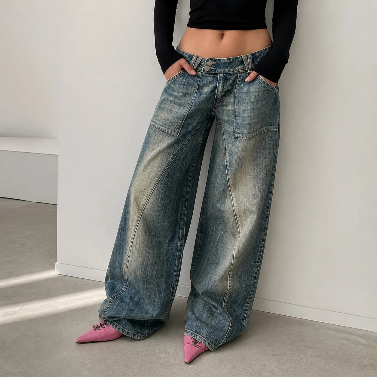 Women's Y2K Baggy Mid Waist Loose Fit Straight Leg Washed Distressed Cotton Long Denim Jeans for Women with Faded Blue Wide Leg