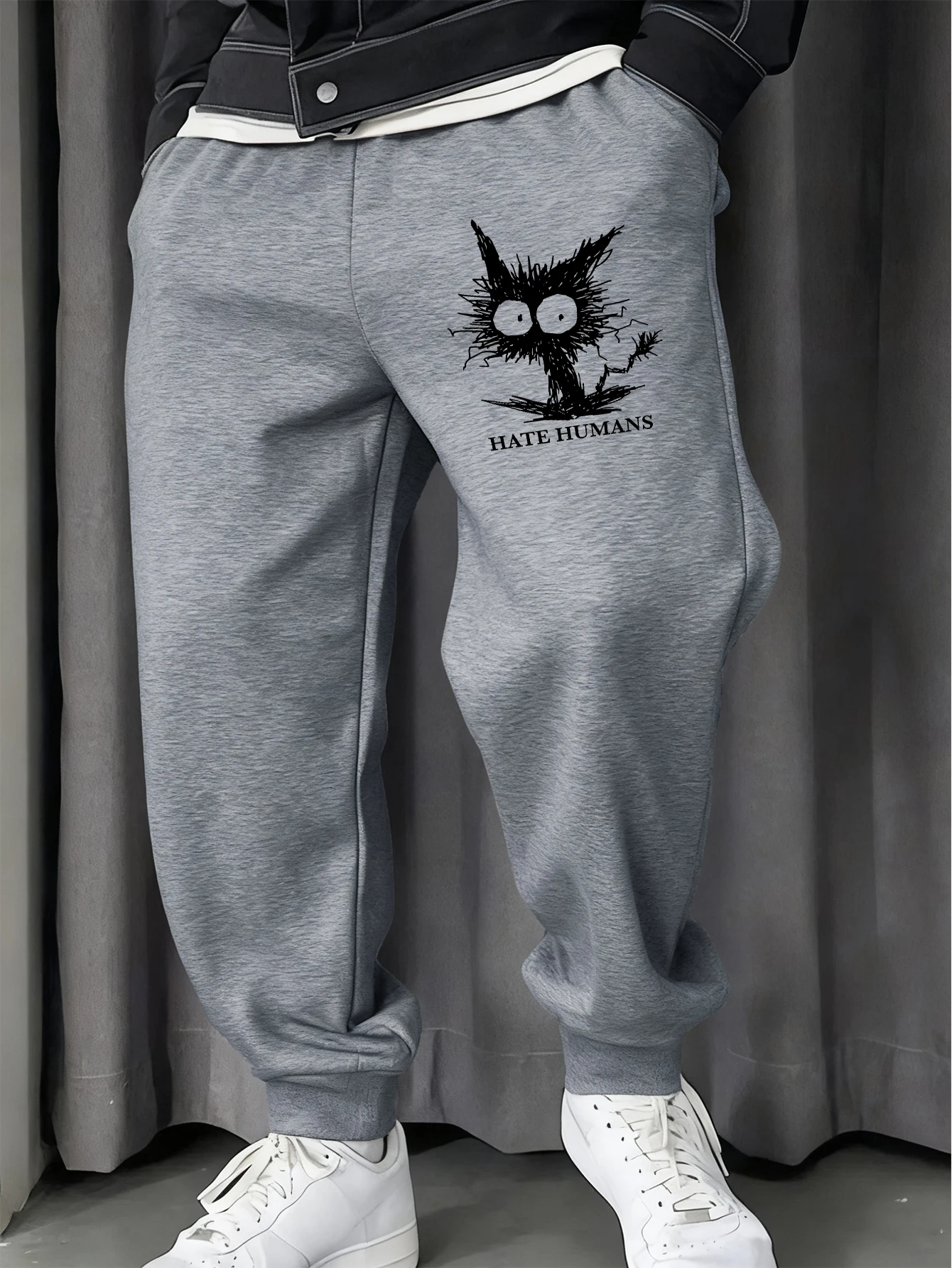 

Hate Humans Cartoon Cat Printing Sweatpants Men Casual Autumn Sportpants Trendy Fleece Pants Hip Hop Comfortable Jogging Pant