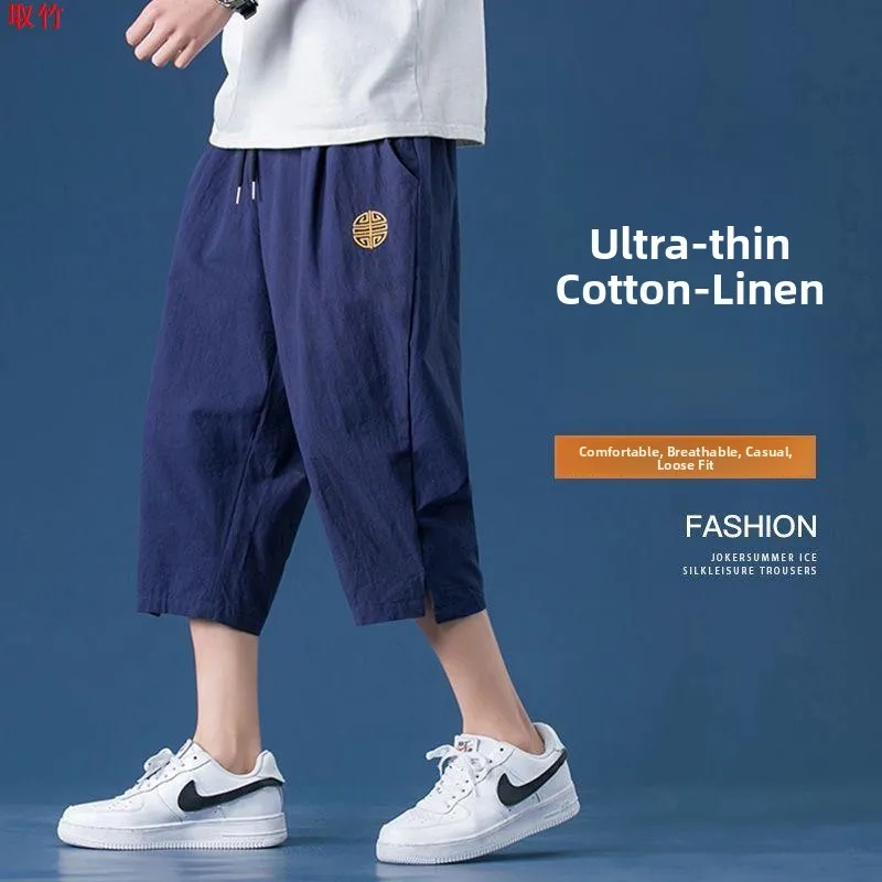 

Летние тонкие хлопковые льняные свободные прямые повседневные пляжные брюки мужские семифутовые универсальные модные орты для мужчин