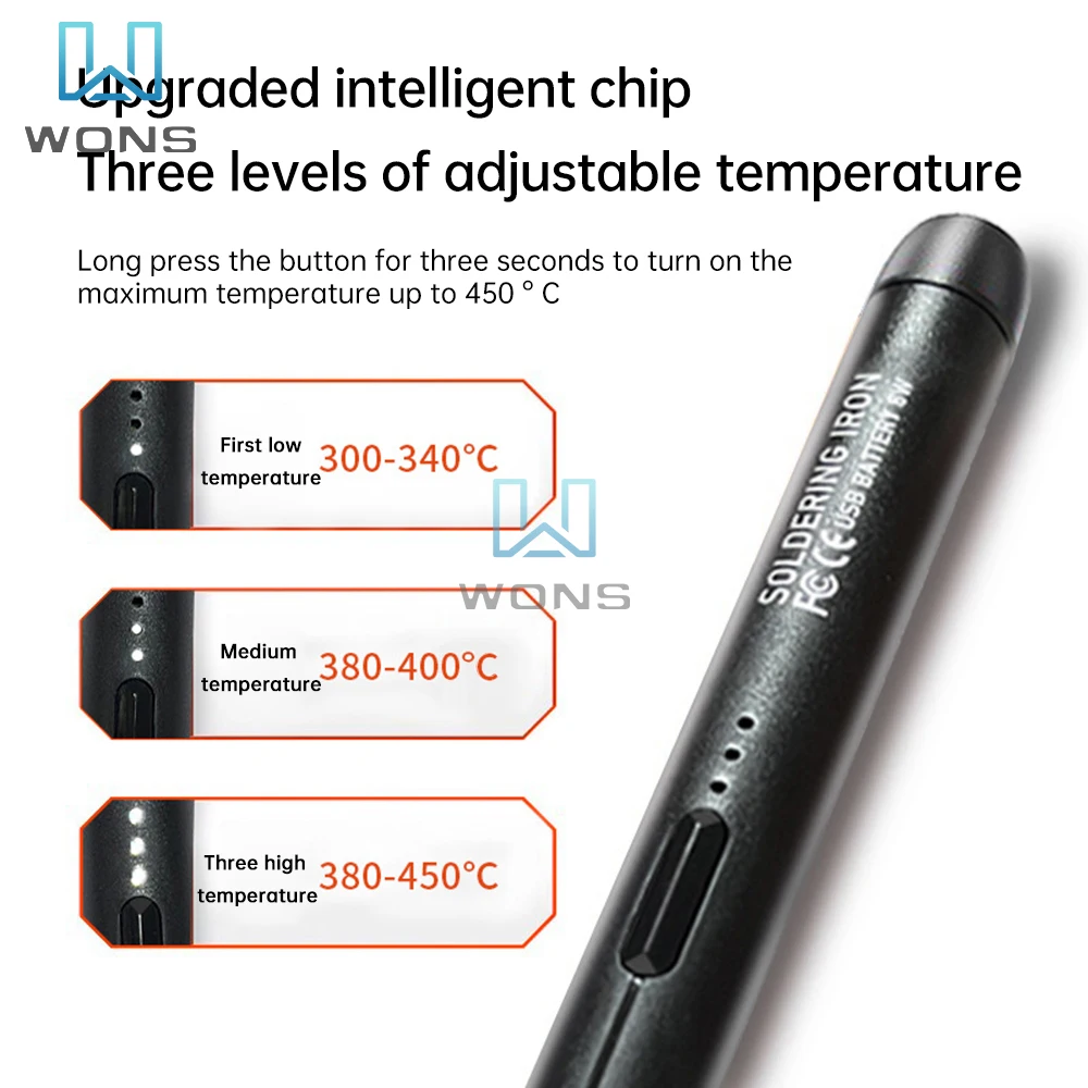 USB Cordless Rechargeable Soldering Iron Pen 5V 8W 800mAh High Capacity Battery Intelligent 300-450℃ Temperature Adjustable