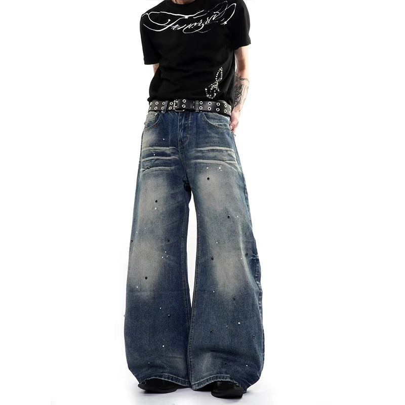 Autumn Winter  Blue Men's Jeans Loose Washed Splashed Ink Rhinestone Design High Street Cool Wide Leg Knife Jeans Straigh