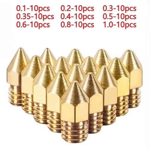10PCS Veekaft 3D Printed Mk8 Pointed Brass Nozzle 0.1 0.2 0.3 0.35 0.4 0.5 0.6 0.8 1.0 1.75MM Lettering M6 Thread