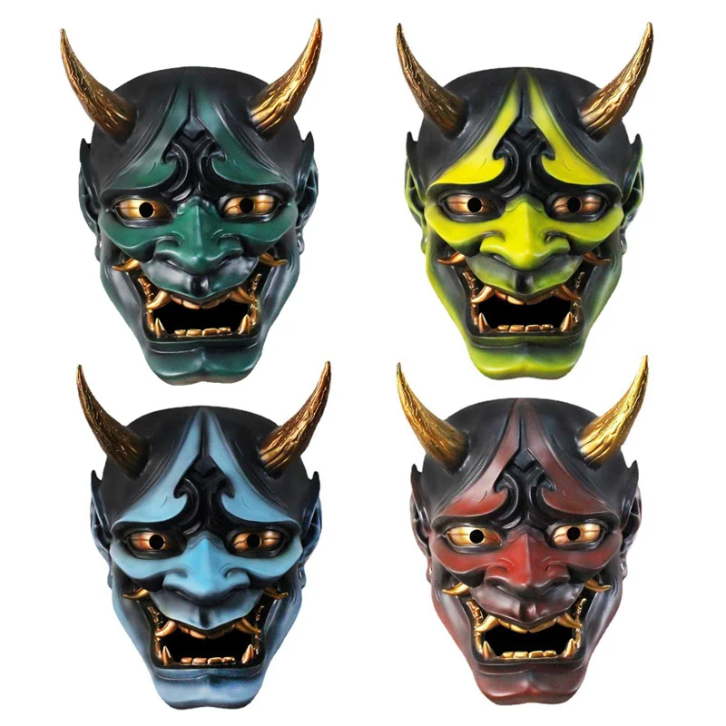 

Adult Unisex Resin Japanese Monster Devil Hannya Noh Kabuki Demon Oni Samurai Mask Full Face Halloween Blue Red Party Cosplay